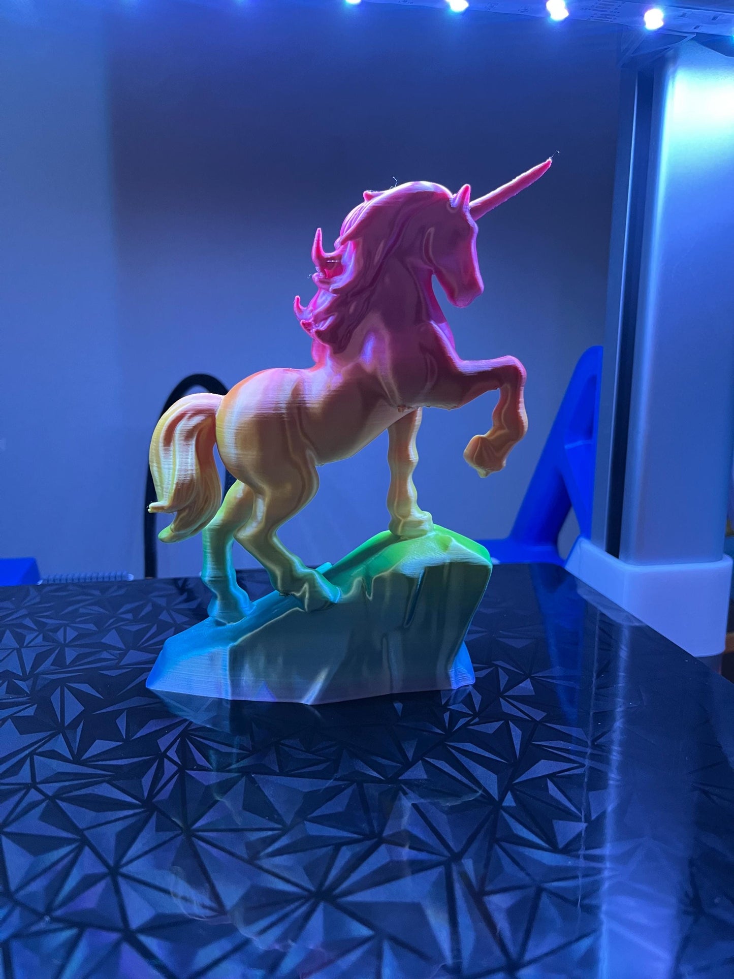 3D Printed Rainbow Coloured Rearing Unicorn.