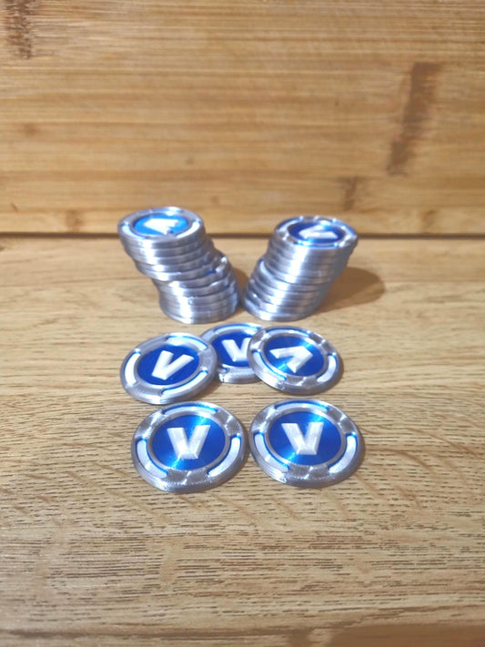 Fortnite double sided shiny V-Buck coin in Blue, Pink, Gold or Glow in the Dark vbuck.