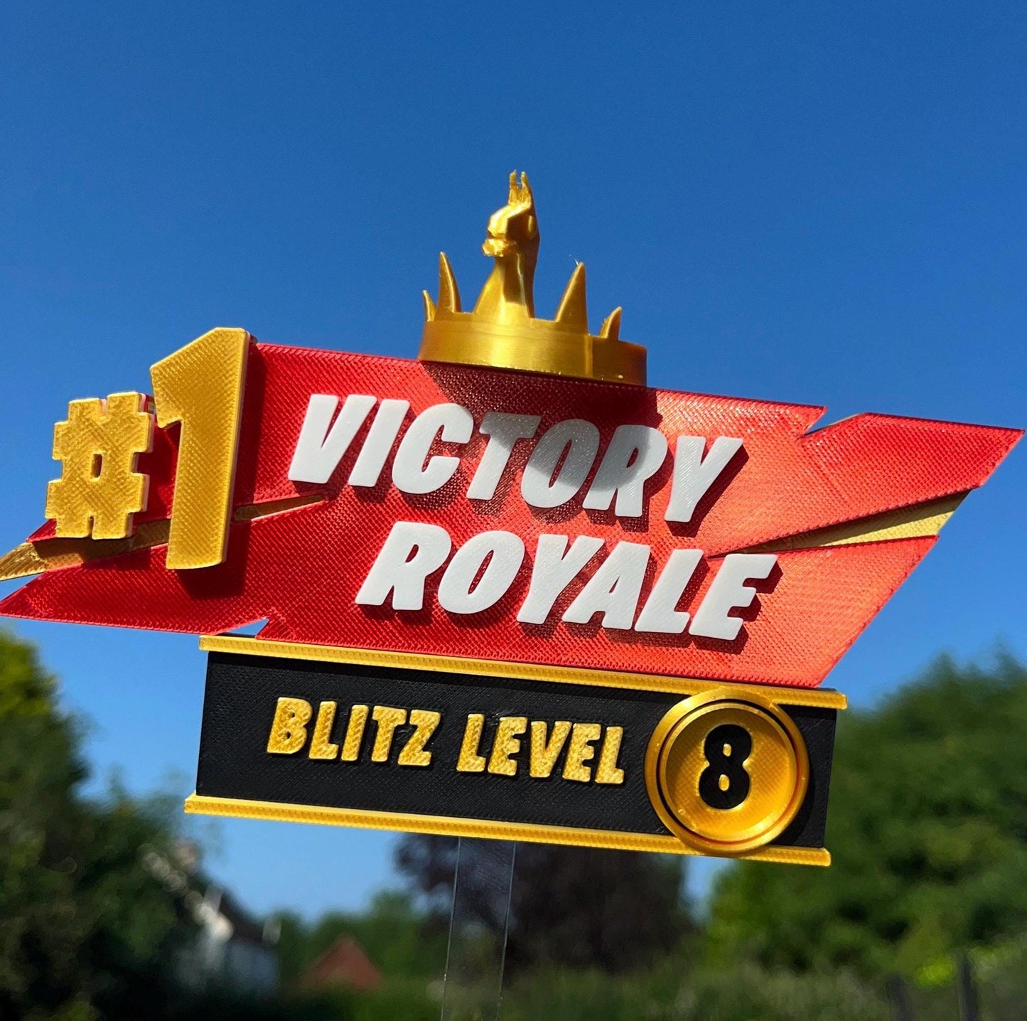 Personalised Fortnight Blitz Victory Royale 3D sign with removable stick and base options.