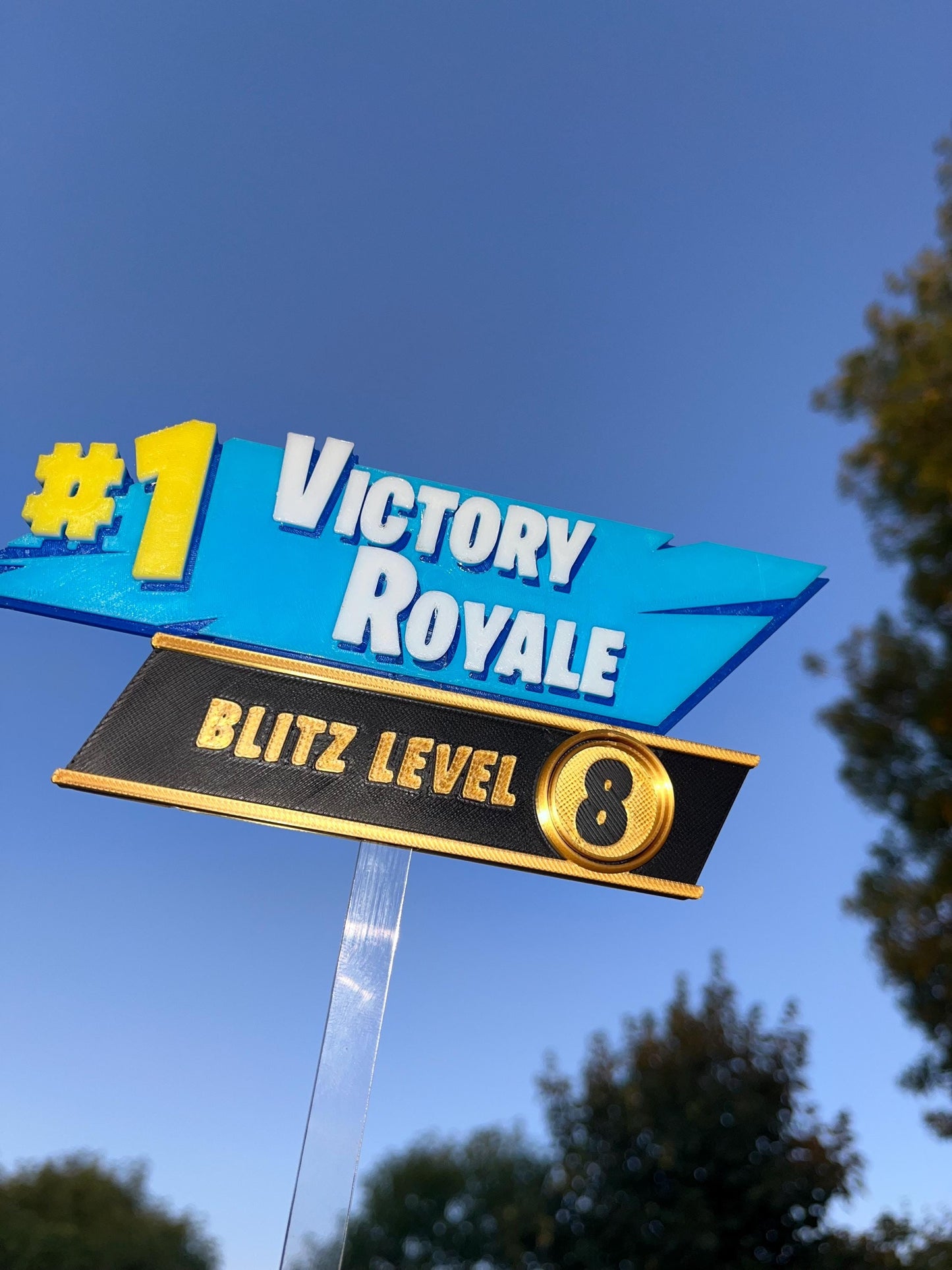 Personalised Fortnight Blitz Victory Royale 3D sign with removable stick and base options.