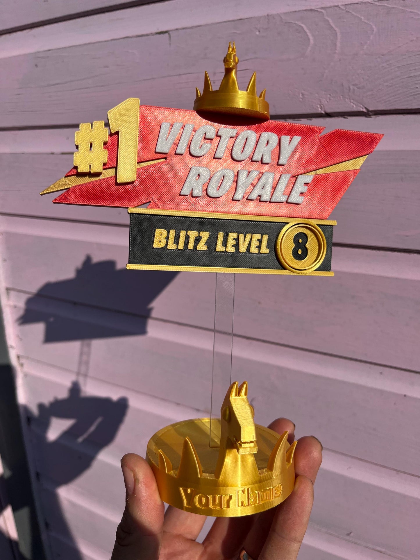 Personalised Fortnight Blitz Victory Royale 3D sign with removable stick and base options.