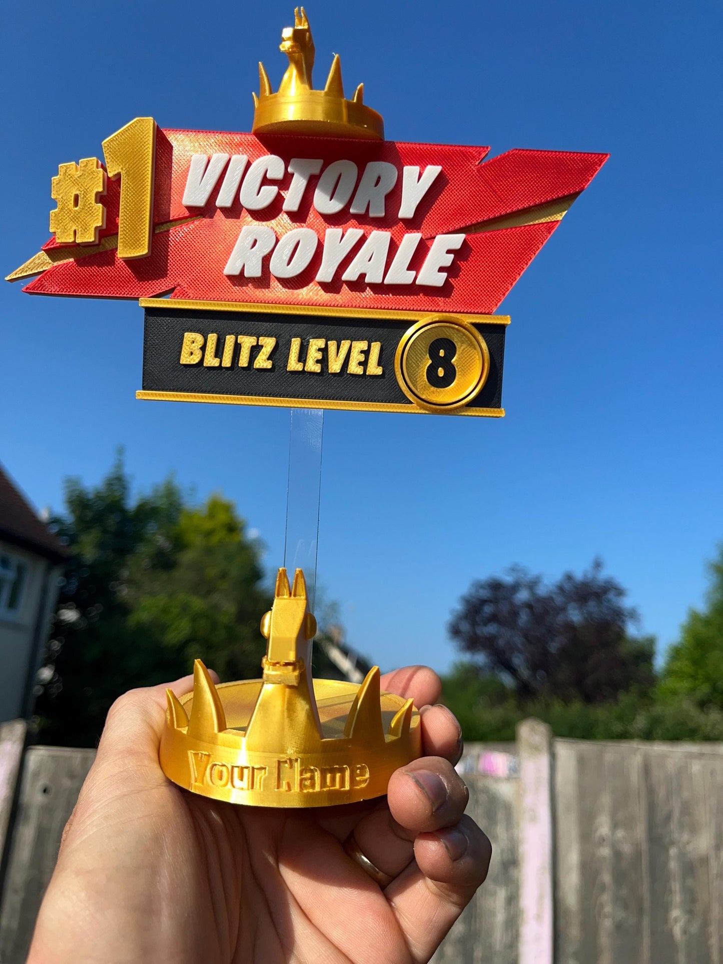 Personalised Fortnight Blitz Victory Royale 3D sign with removable stick and base options.