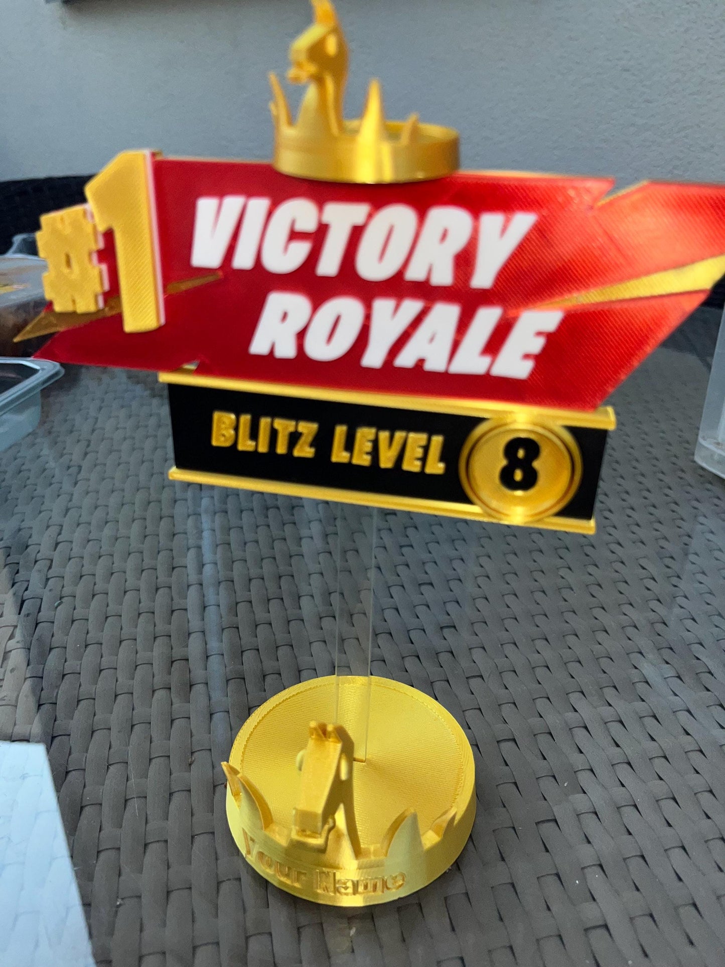 Personalised Fortnight Blitz Victory Royale 3D sign with removable stick and base options.