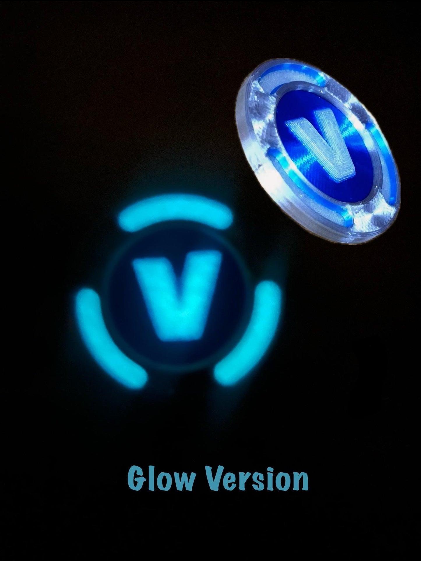 Fortnite double sided shiny V-Buck coin in Blue, Pink, Gold or Glow in the Dark vbuck.