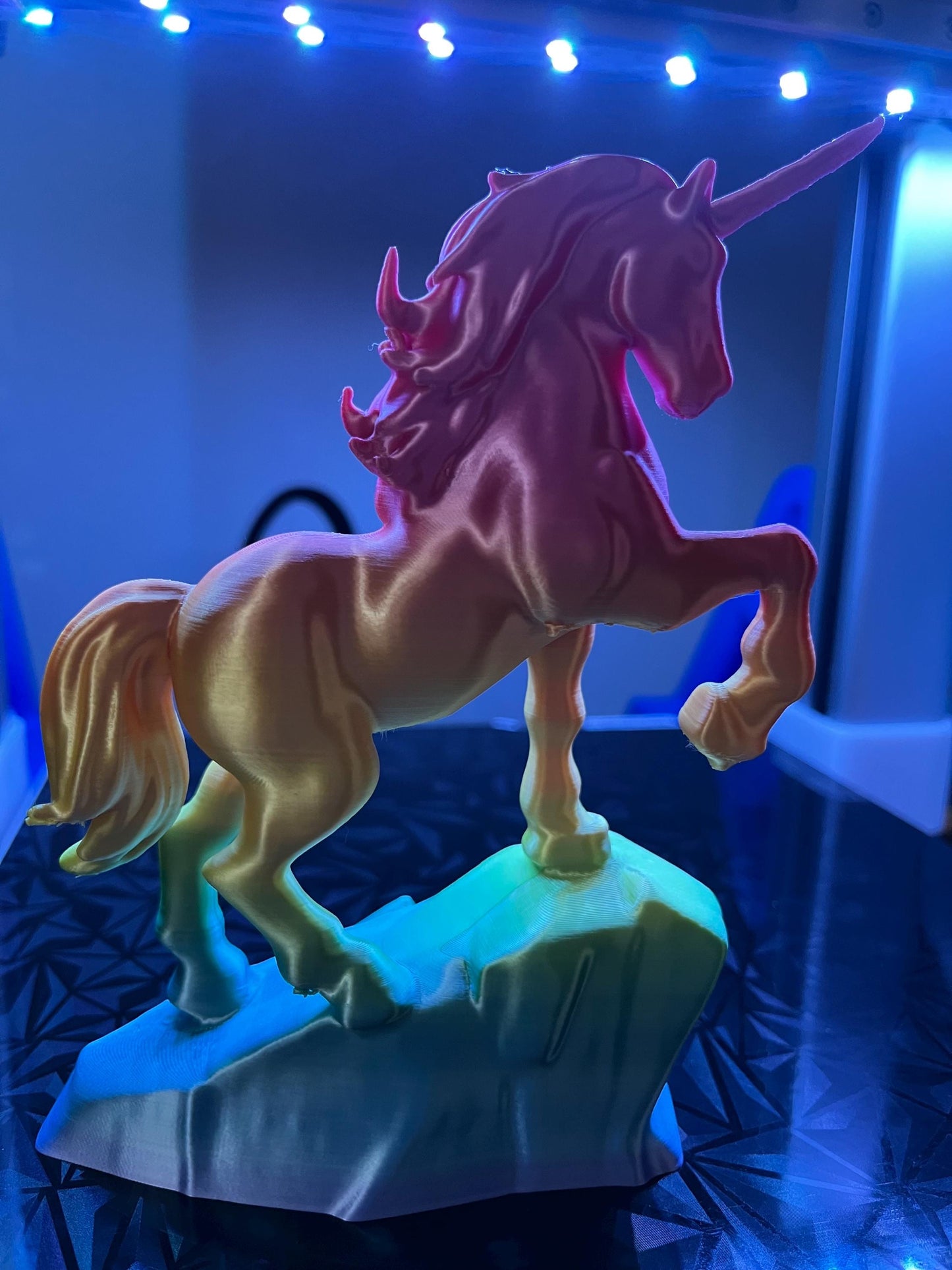 3D Printed Rainbow Coloured Rearing Unicorn.