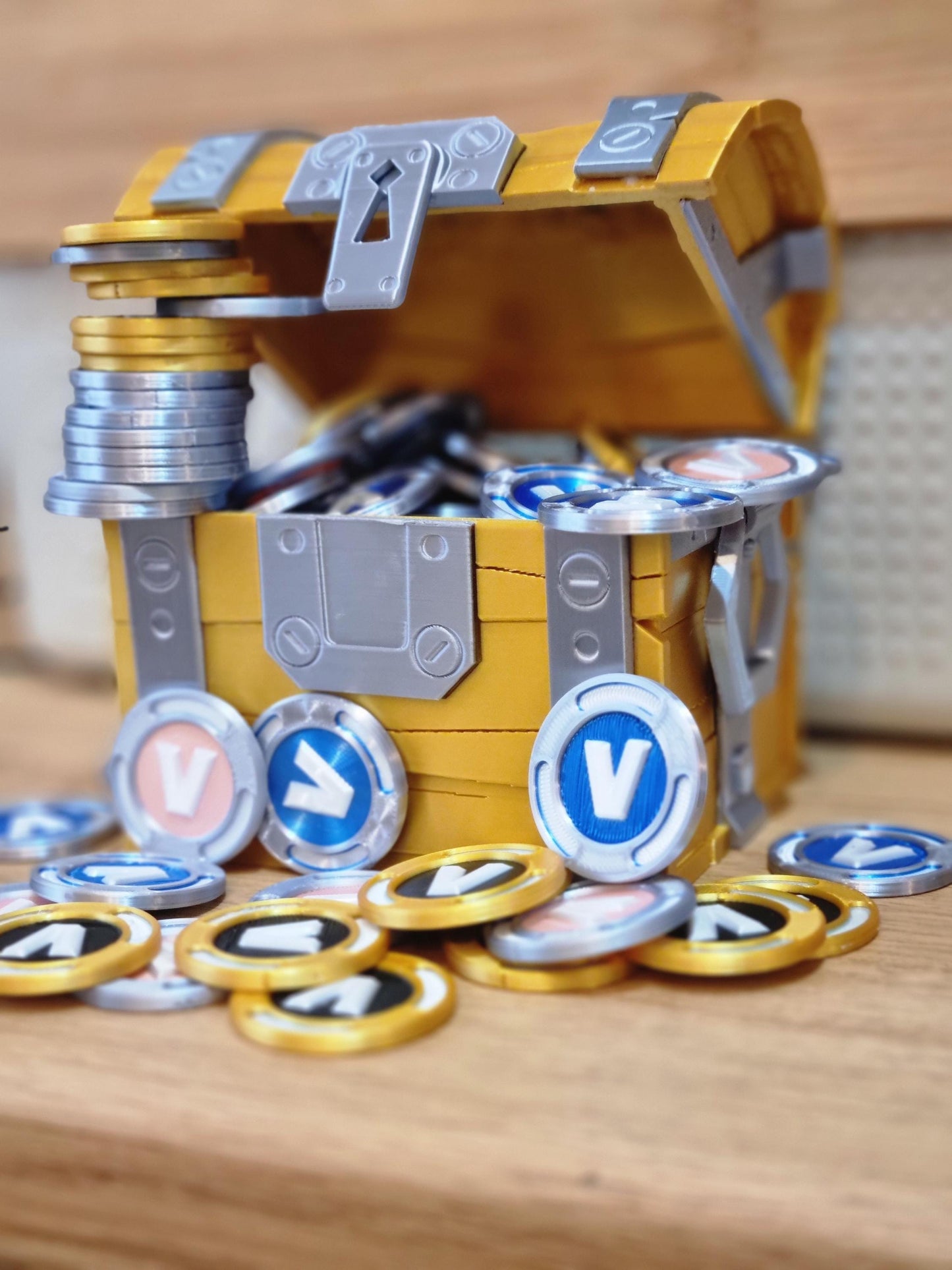 Fortnite double sided shiny V-Buck coin in Blue, Pink, Gold or Glow in the Dark vbuck.