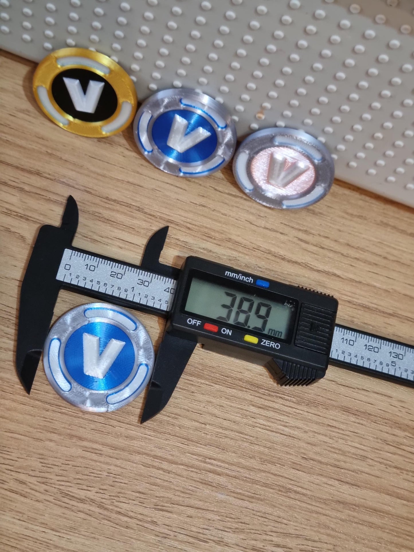 Fortnite double sided shiny V-Buck coin in Blue, Pink, Gold or Glow in the Dark vbuck.
