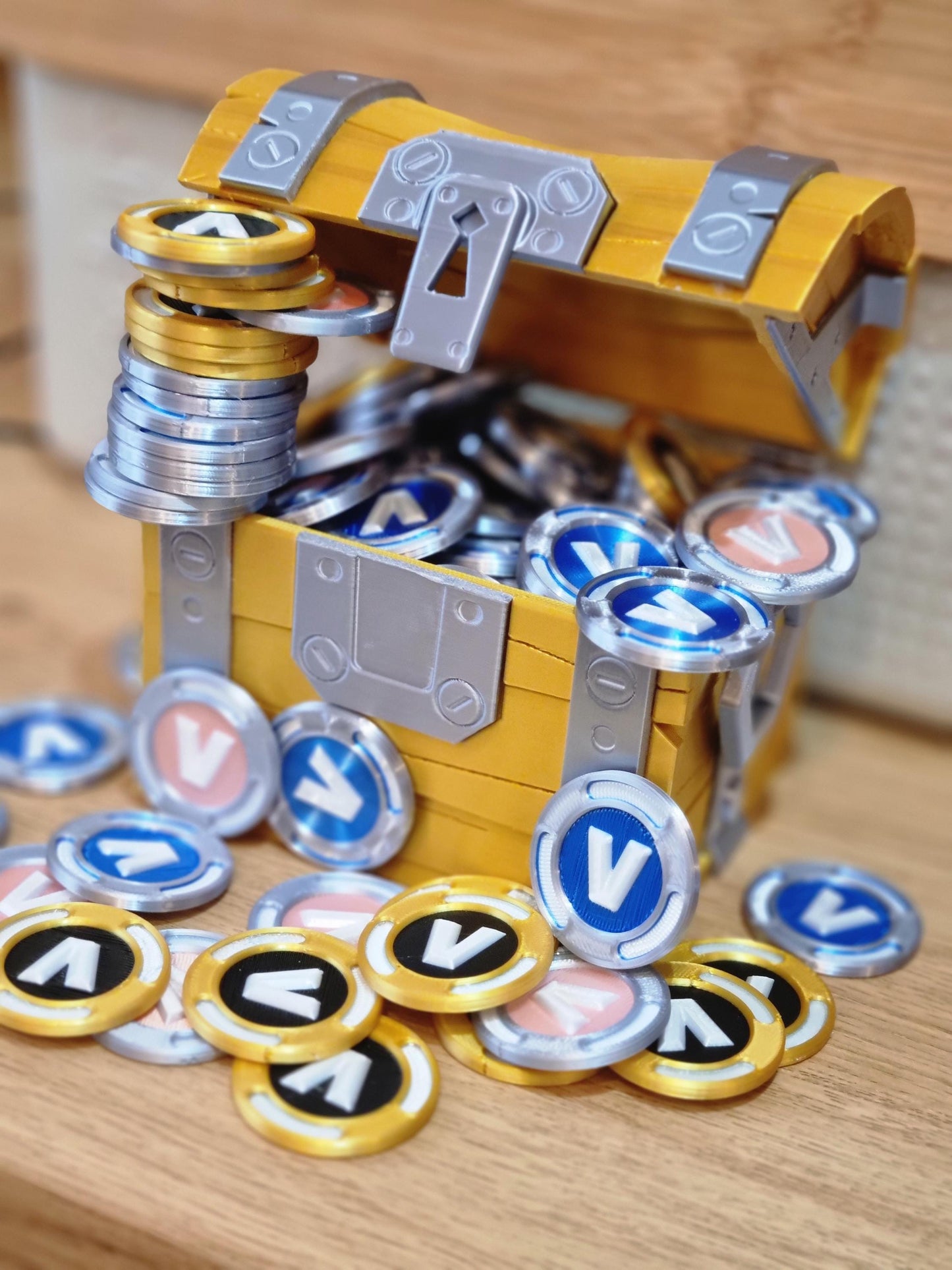 Fortnite double sided shiny V-Buck coin in Blue, Pink, Gold or Glow in the Dark vbuck.