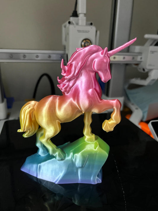 3D Printed Rainbow Coloured Rearing Unicorn.
