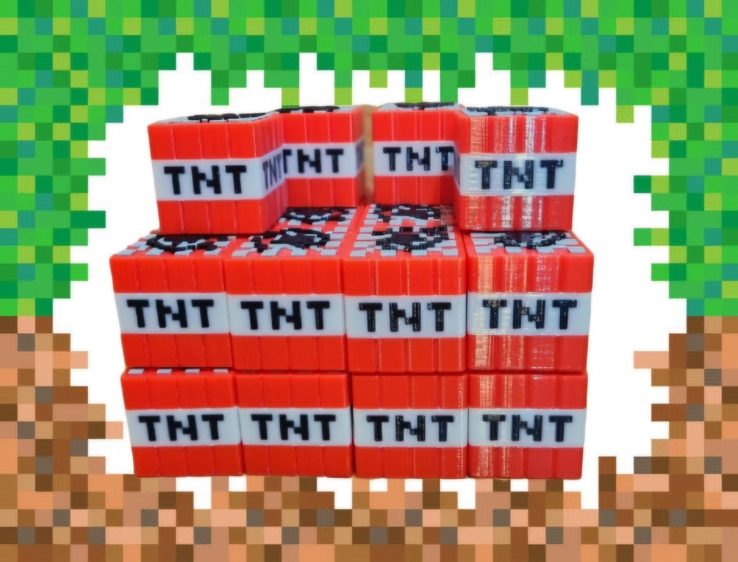 Two Minecraft TNT solid blocks.