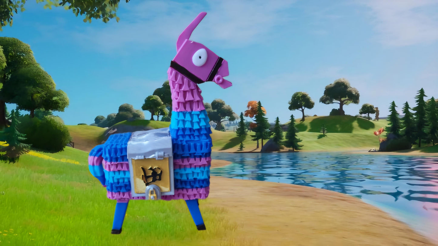 Piñata Llama Figuring. Fortnight gaming accessory with detailed gold and silver saddle bags.