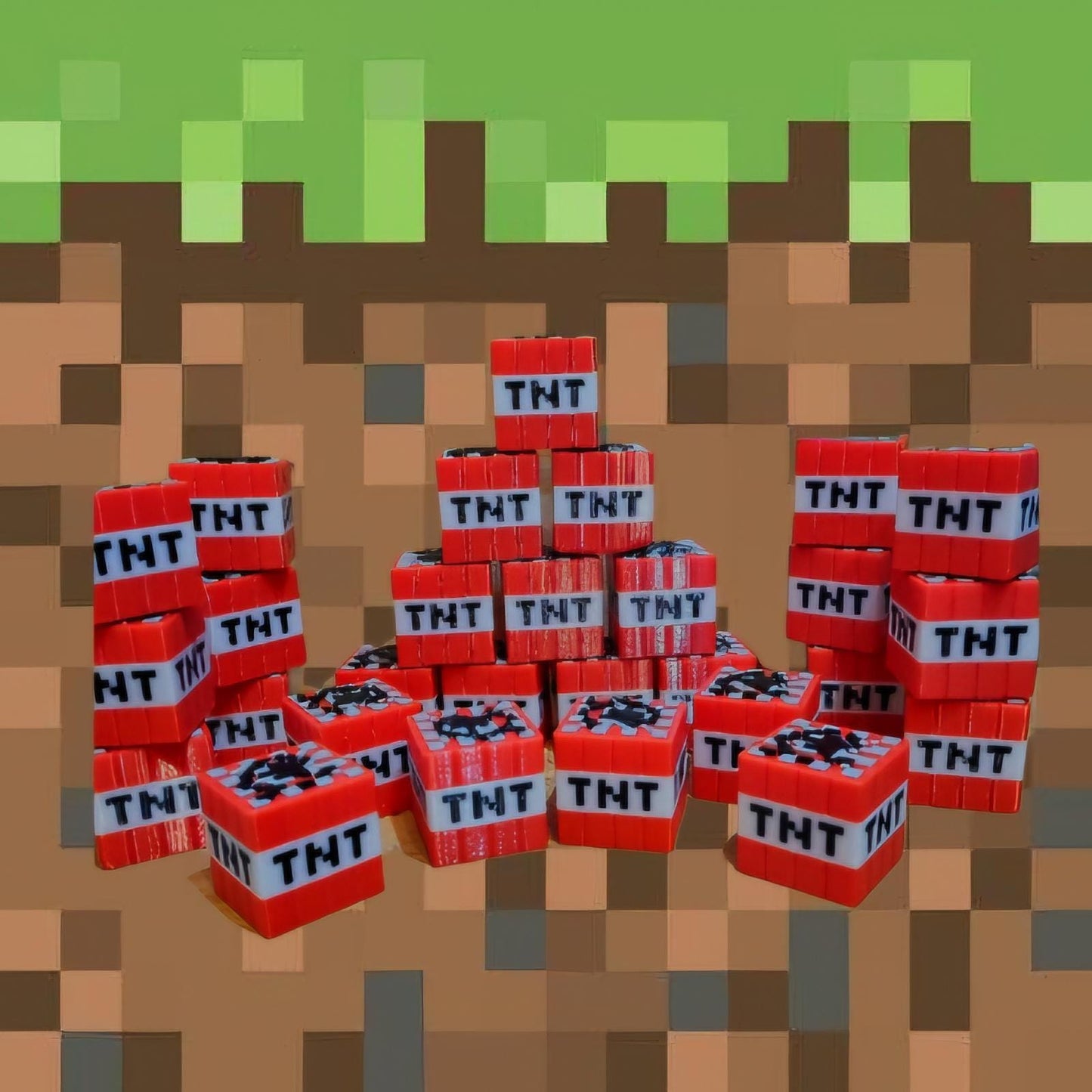 Two Minecraft TNT solid blocks.