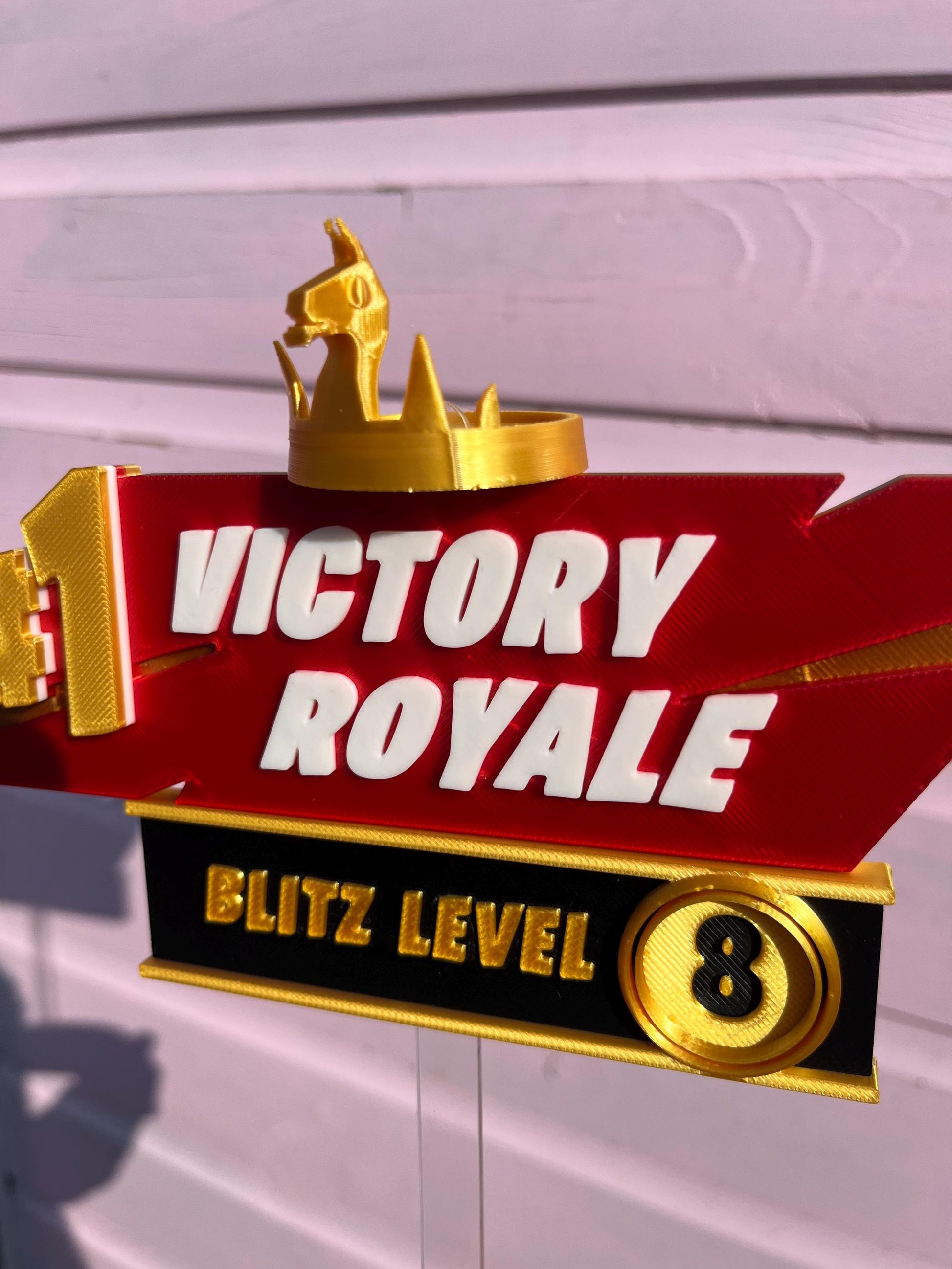 Personalised Fortnight Blitz Victory Royale 3D sign with removable stick and base options.