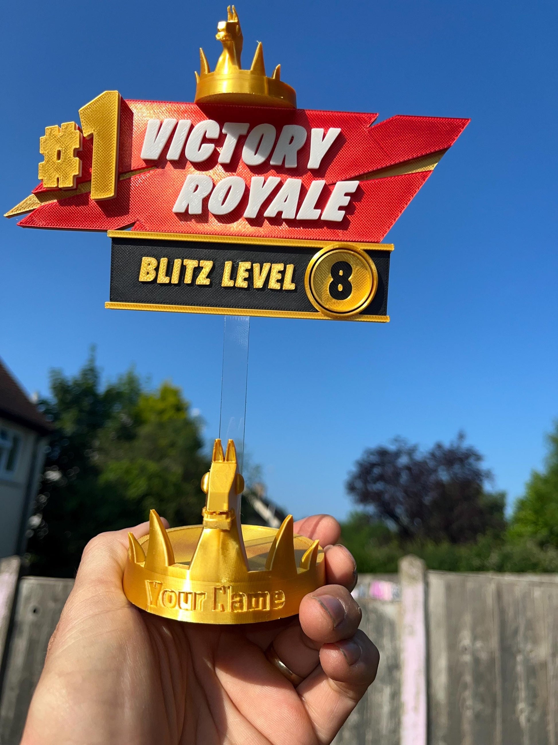 Personalised Fortnight Blitz Victory Royale 3D sign with removable stick and base options.