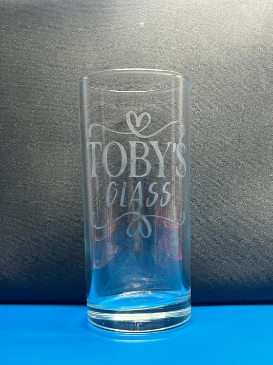 Personalised etched drinking glasses.