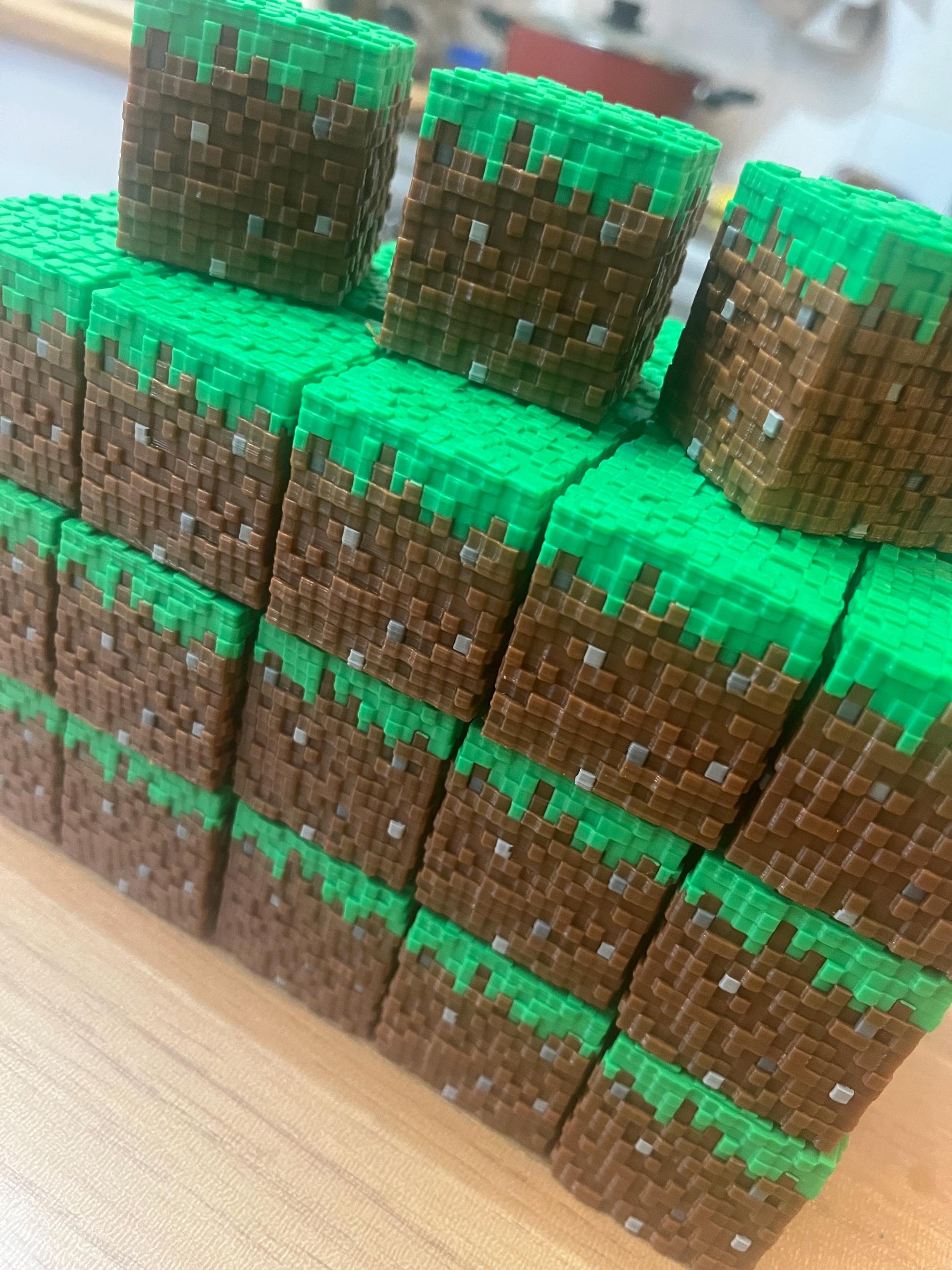 2 x Minecraft Grass solid blocks 40mm. Cake topper or ornament
