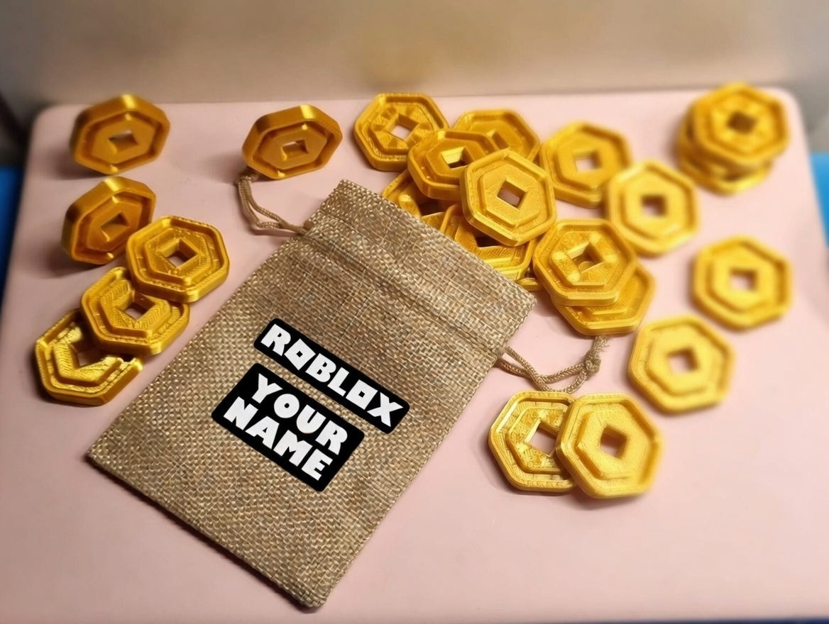 Roblox shiny Robux Coins in various colours and personalised bag option