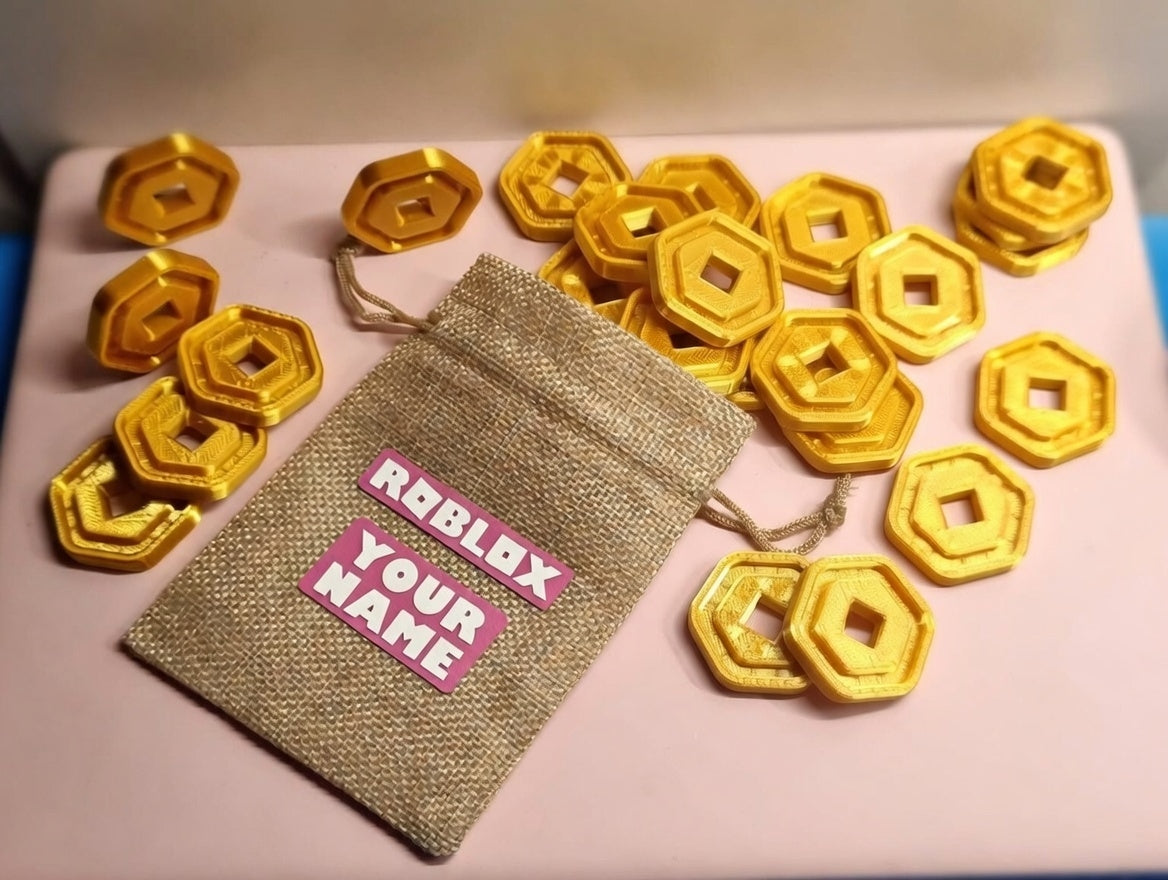 Roblox shiny Robux Coins in various colours and personalised bag option